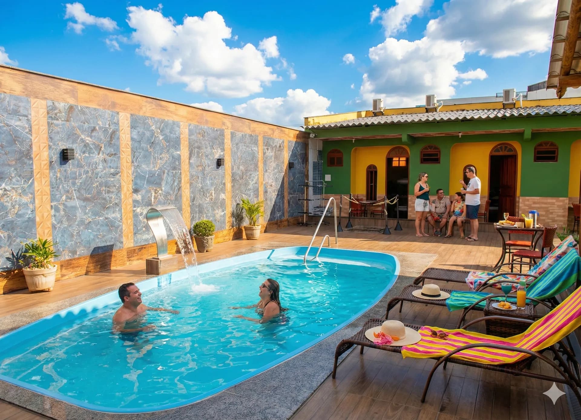 Deck da piscina com espreguiçadeiras