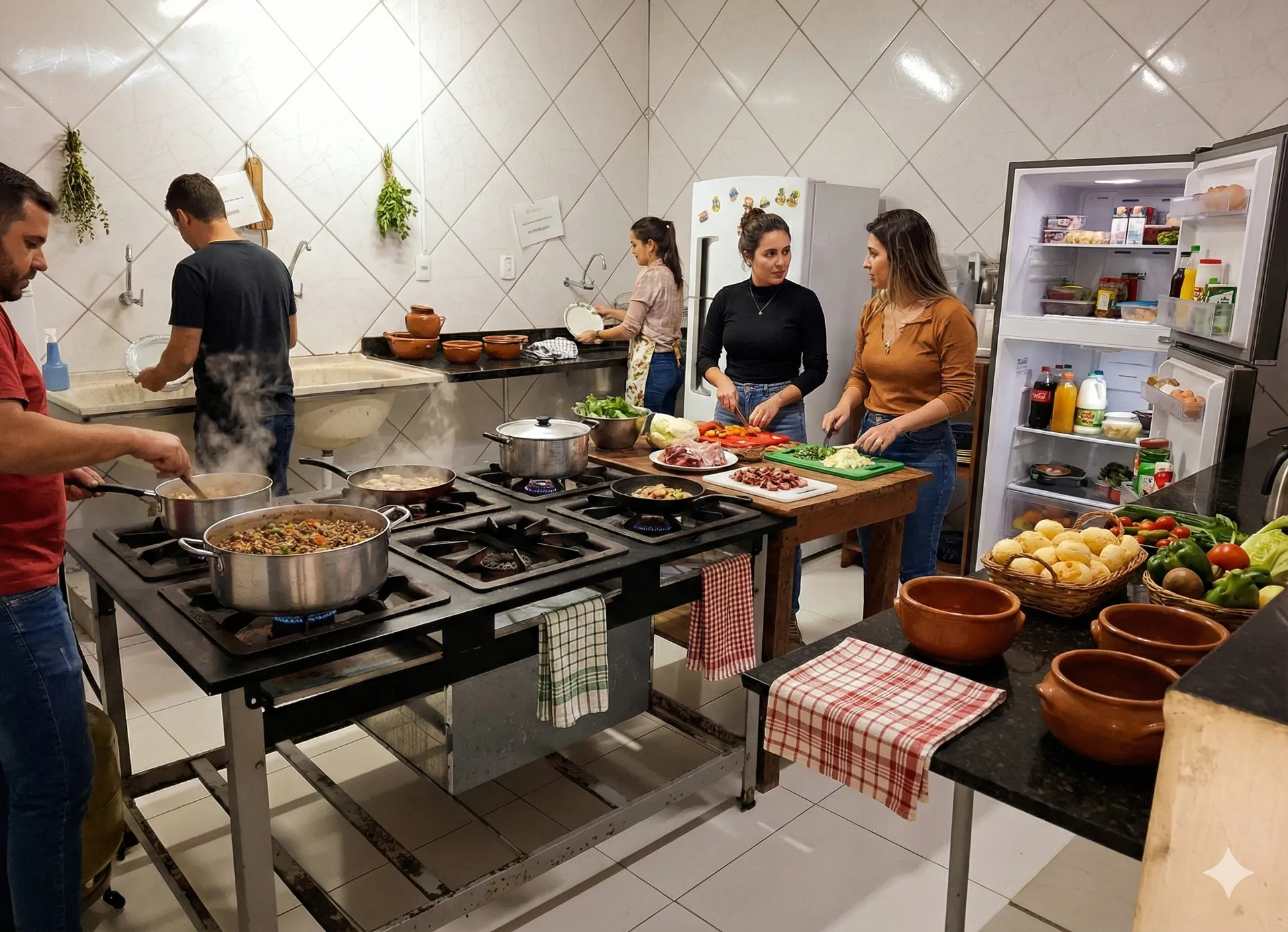 Equipe atuando na cozinha industrial