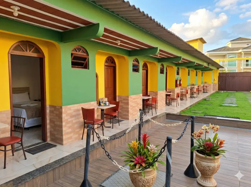 Fachada das suítes e área de jardim