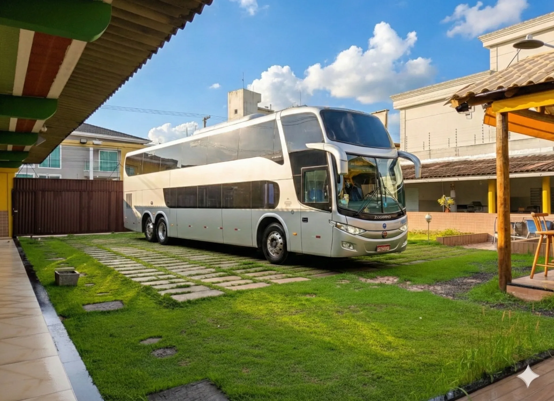Fachada da casa para excursão em Guarapari com espaço para ônibus